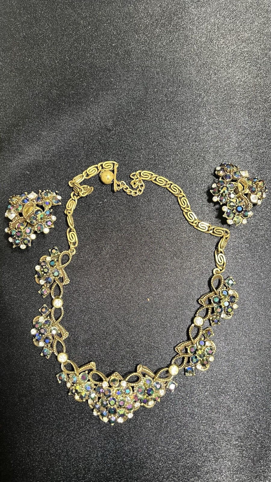 Vintage Florenza Peacock Blue & Vitrail A/B Rhinestones Necklace & Earring Set