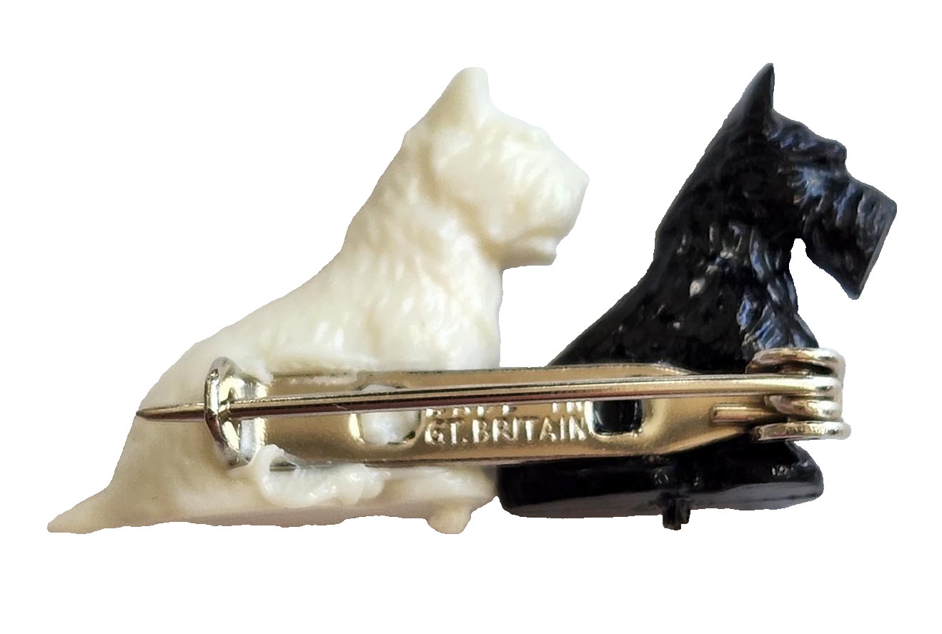 Scottie Dog Brooch Pin Black & White Vtg Great Britain Scottish Terrier Plastic