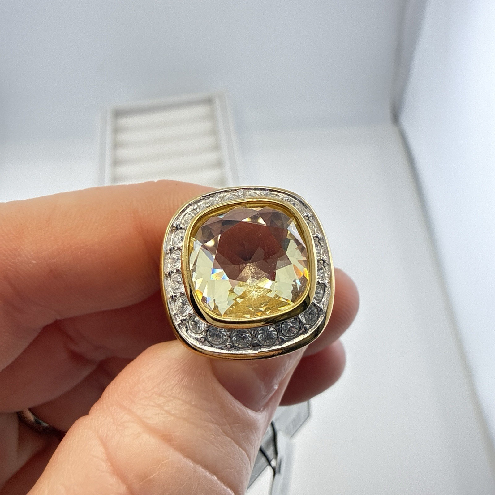 Swarovski Ring Swan Signed Sterling Silver Cocktail Yellow 5 Halo Gold Plated