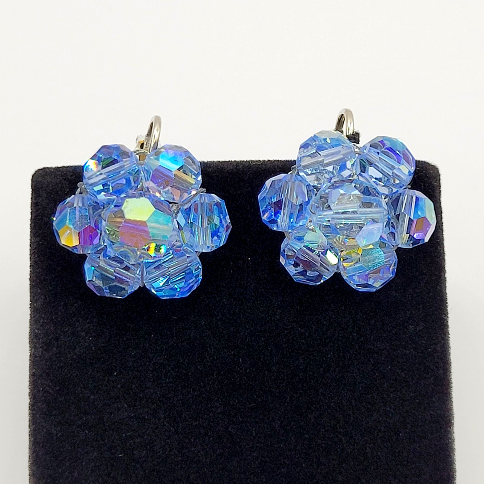 Light Blue Faceted Crystal Bead Cluster Sparkling Fancy Vintage Clip On Earrings