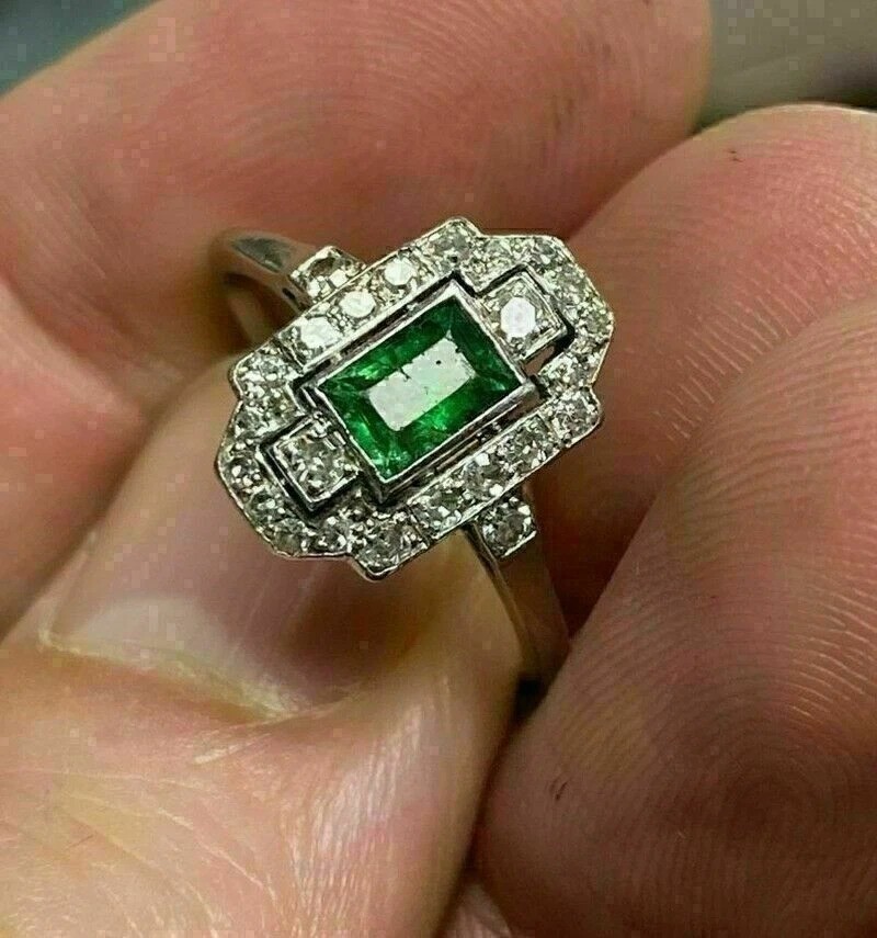 Art Deco Style Green Emerald & Lab Created Diamond 925 Silver Engagement Ring
