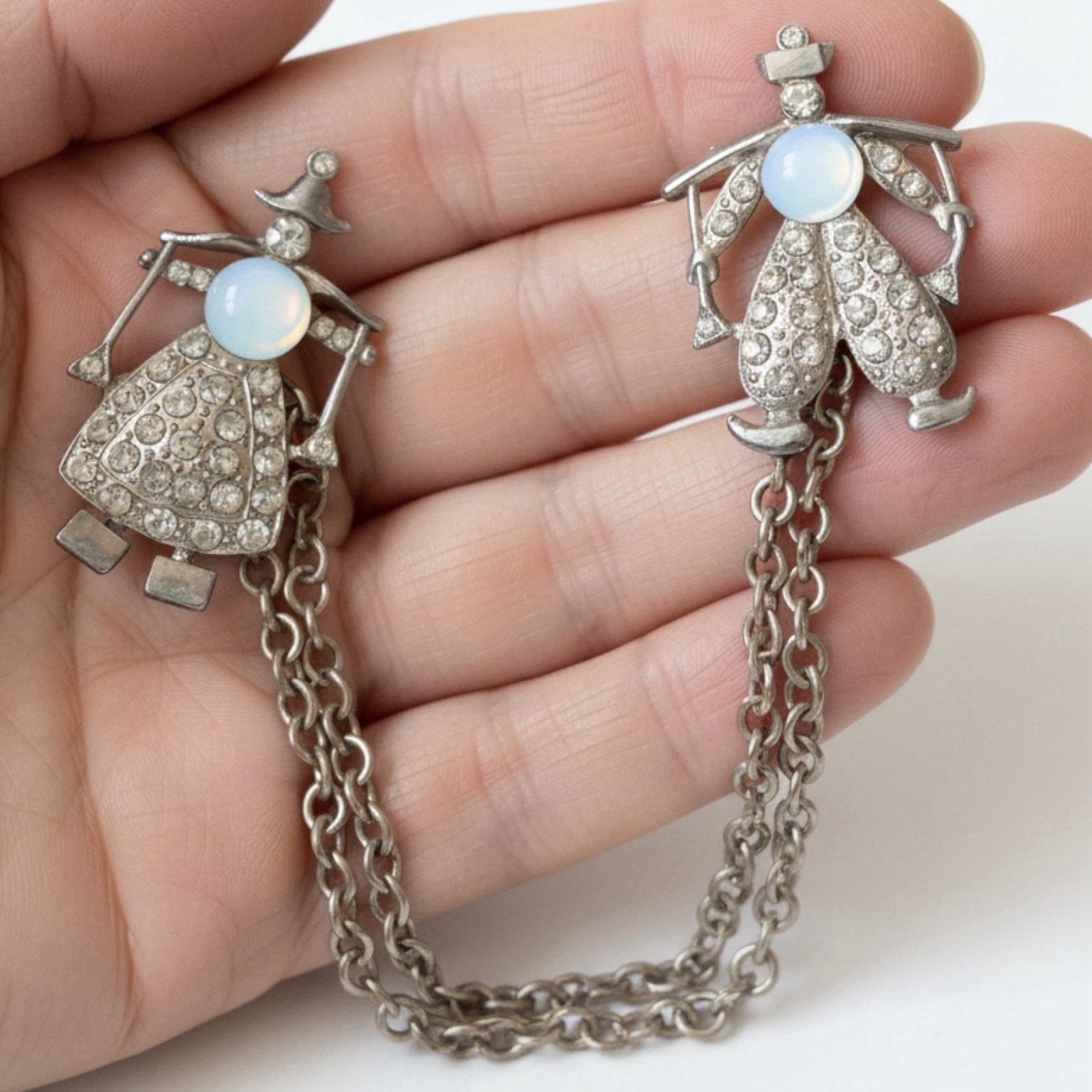 Opaline Glass Chatelaine Brooch Pot Metal Dutch Boy Girl Vintage 1940s