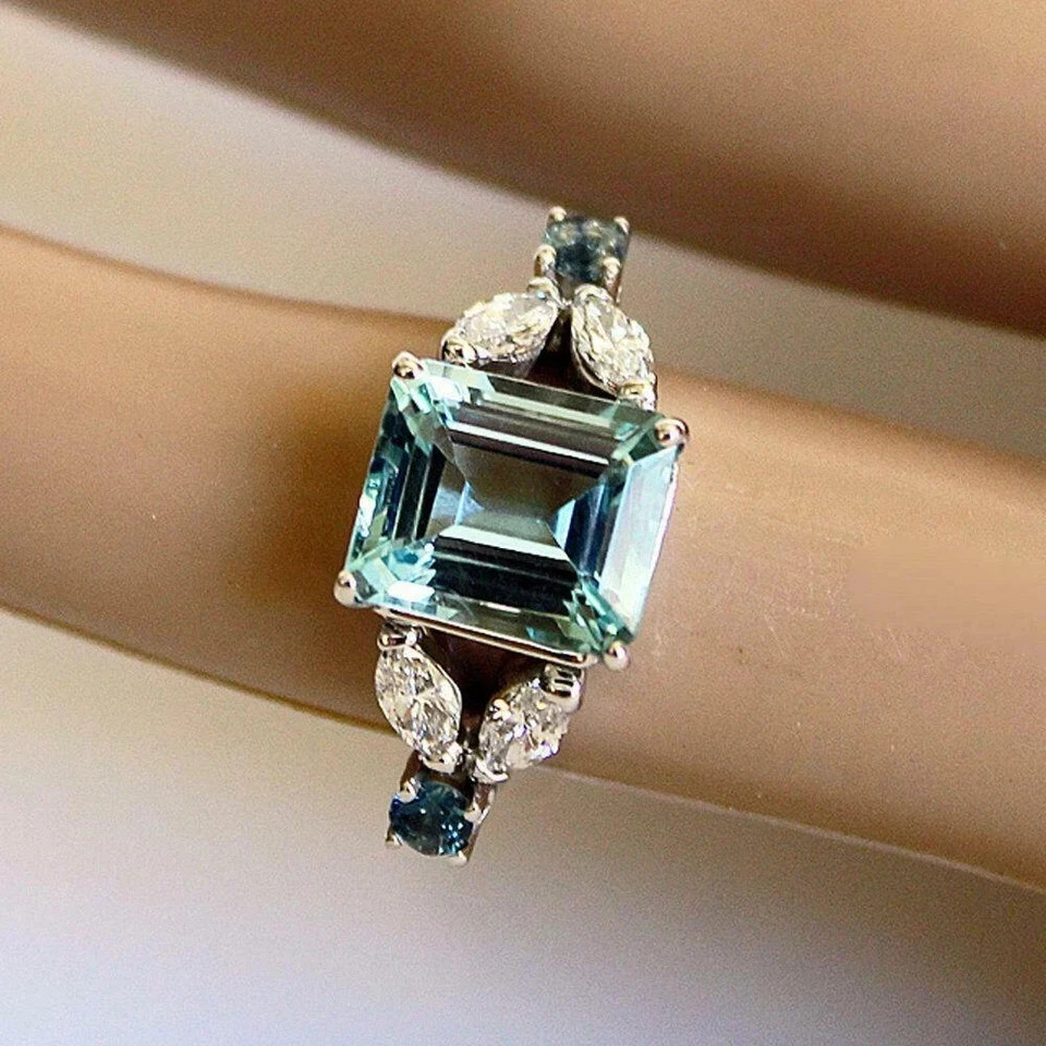Art Deco Style Aquamarine & Lab Created Diamond Birthday 14K White Gold FN Ring