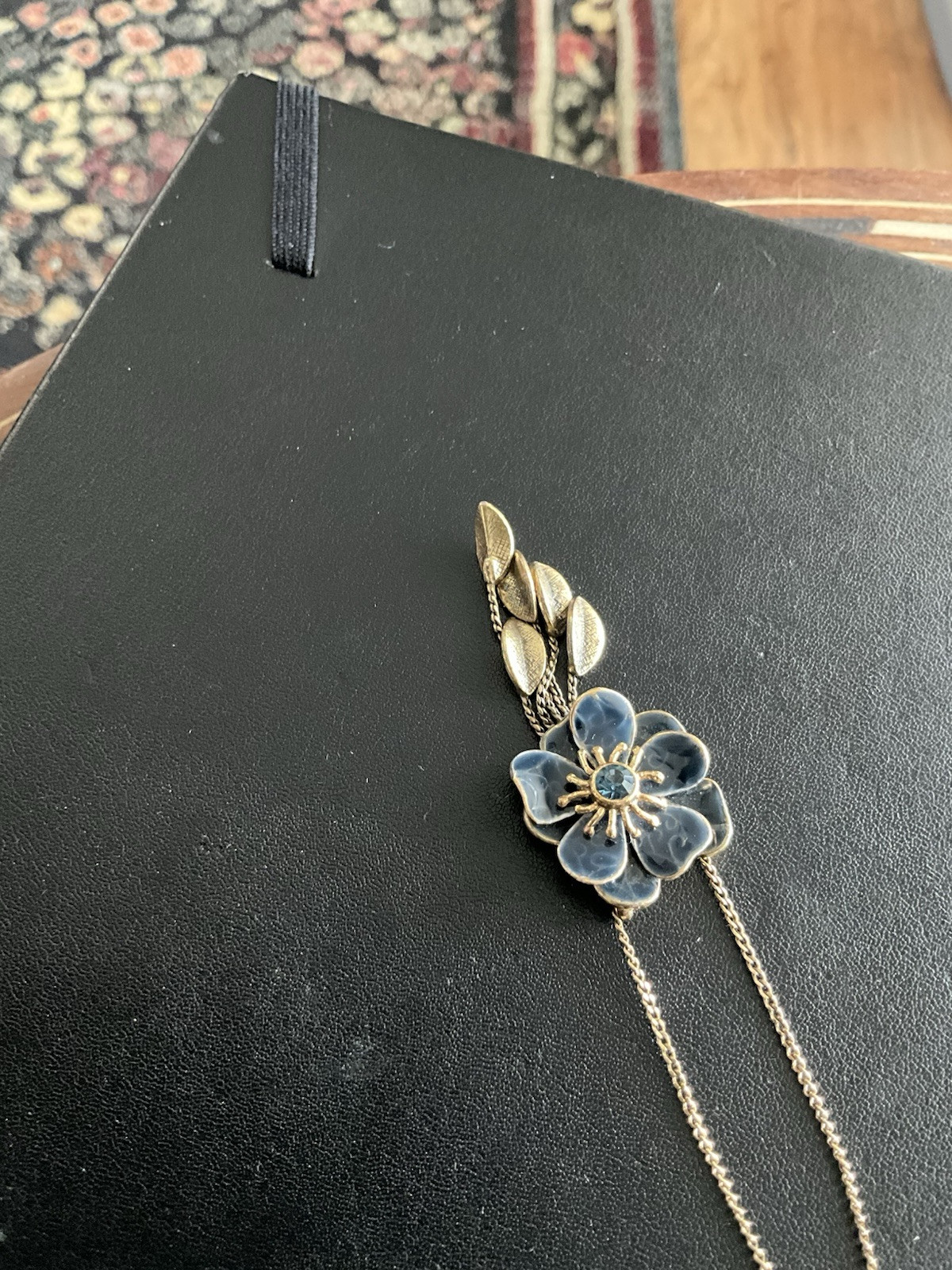 Double Signed Pilgrim Gold Tone Necklace With Blue Enamel Flower Rhinestone Ctr
