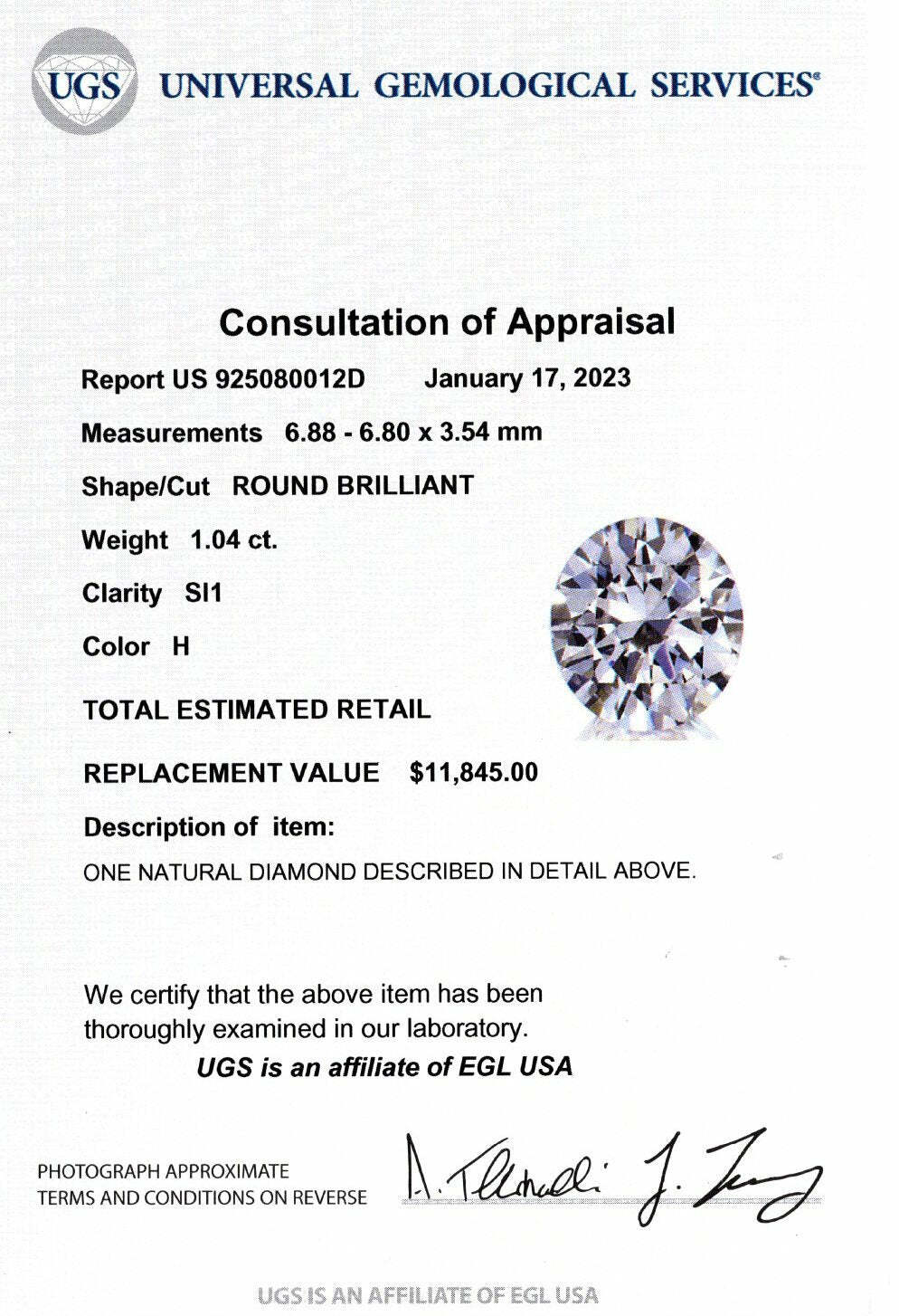 1.04ct CERTIFIED H SI1 DIAMOND 6.85mm LOOSE ROUND CUT NATURAL EARTH MINED 1ct