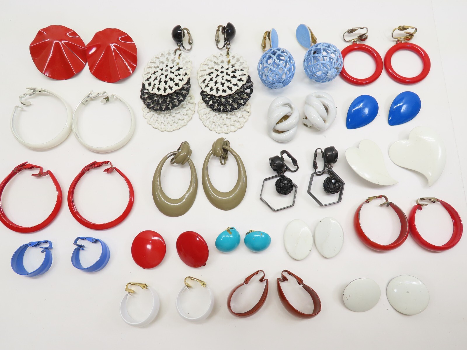 Vintage Earrings Enamel Clip On Lot Hoop Dangle + Minor Wear D2539