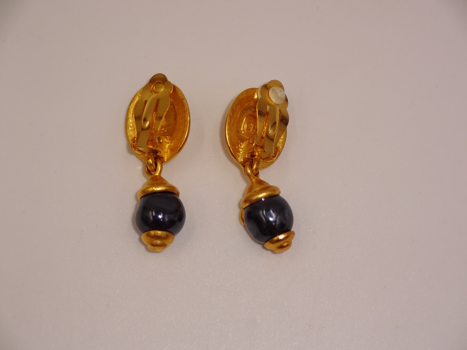 Vintage 1980s 1990s CH Carolina Herrera Gold Tone & Blue Clip On Earrings Marked
