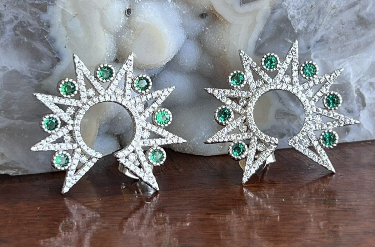 Vtg Sterling Star Point Statement Earrings, Emerald Green & Clear CZ Settings