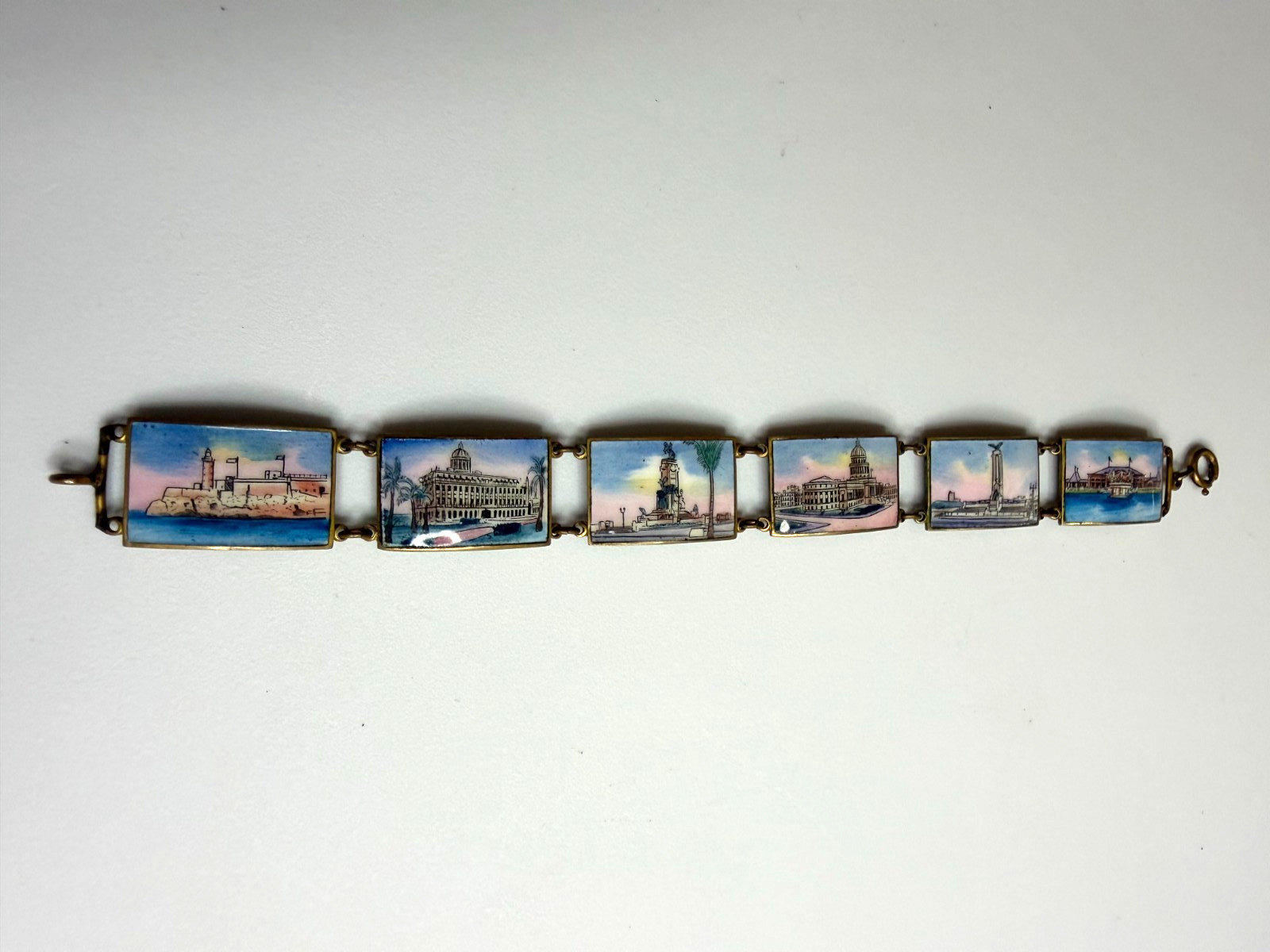 Vintage Havana Cuba Enamel Souvenir Travel Bracelet Panel Links Mid-Century