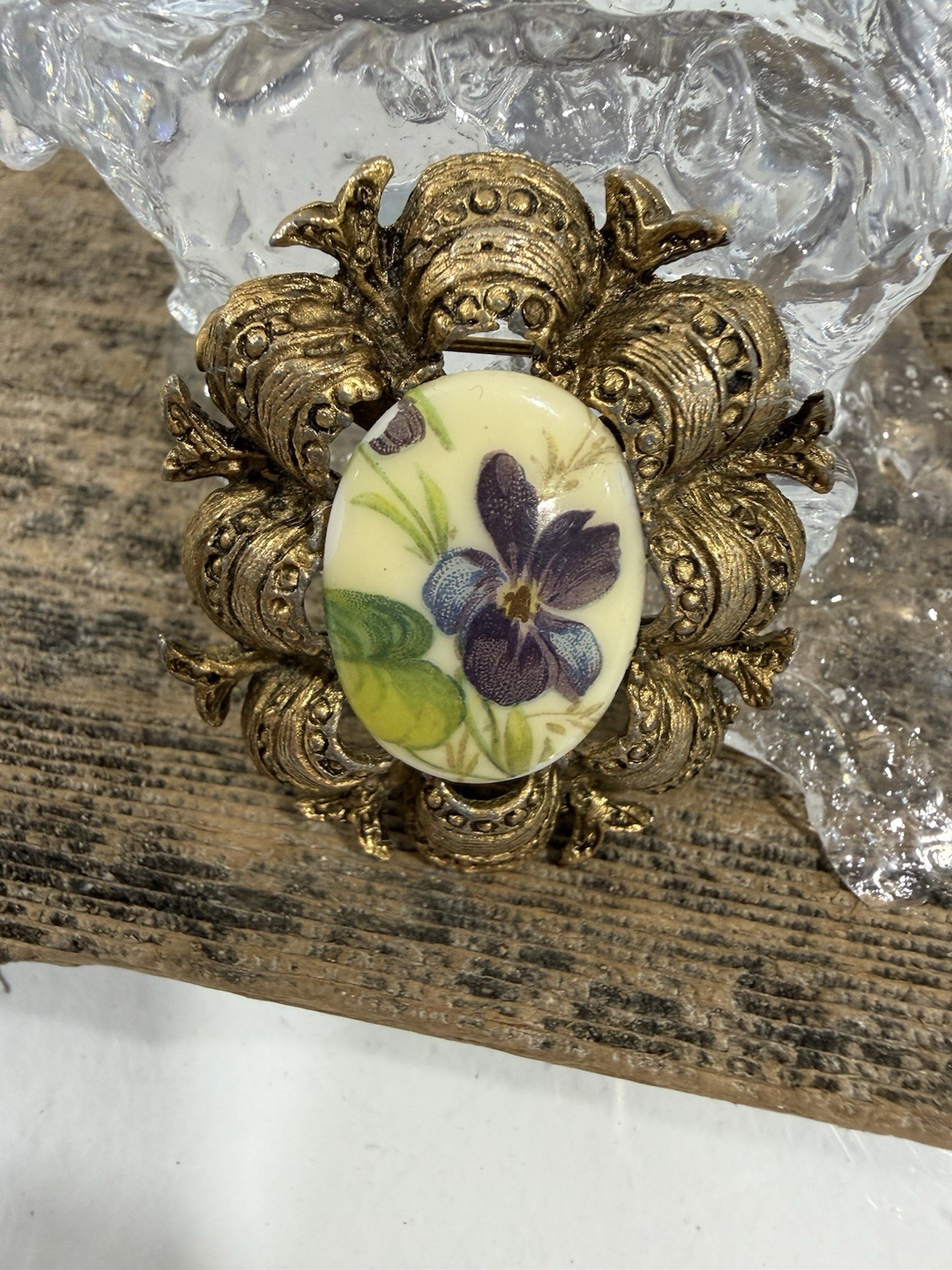 Vintage Victorian Revival Floral Porcelain Purple Violets Cameo Style Brooch