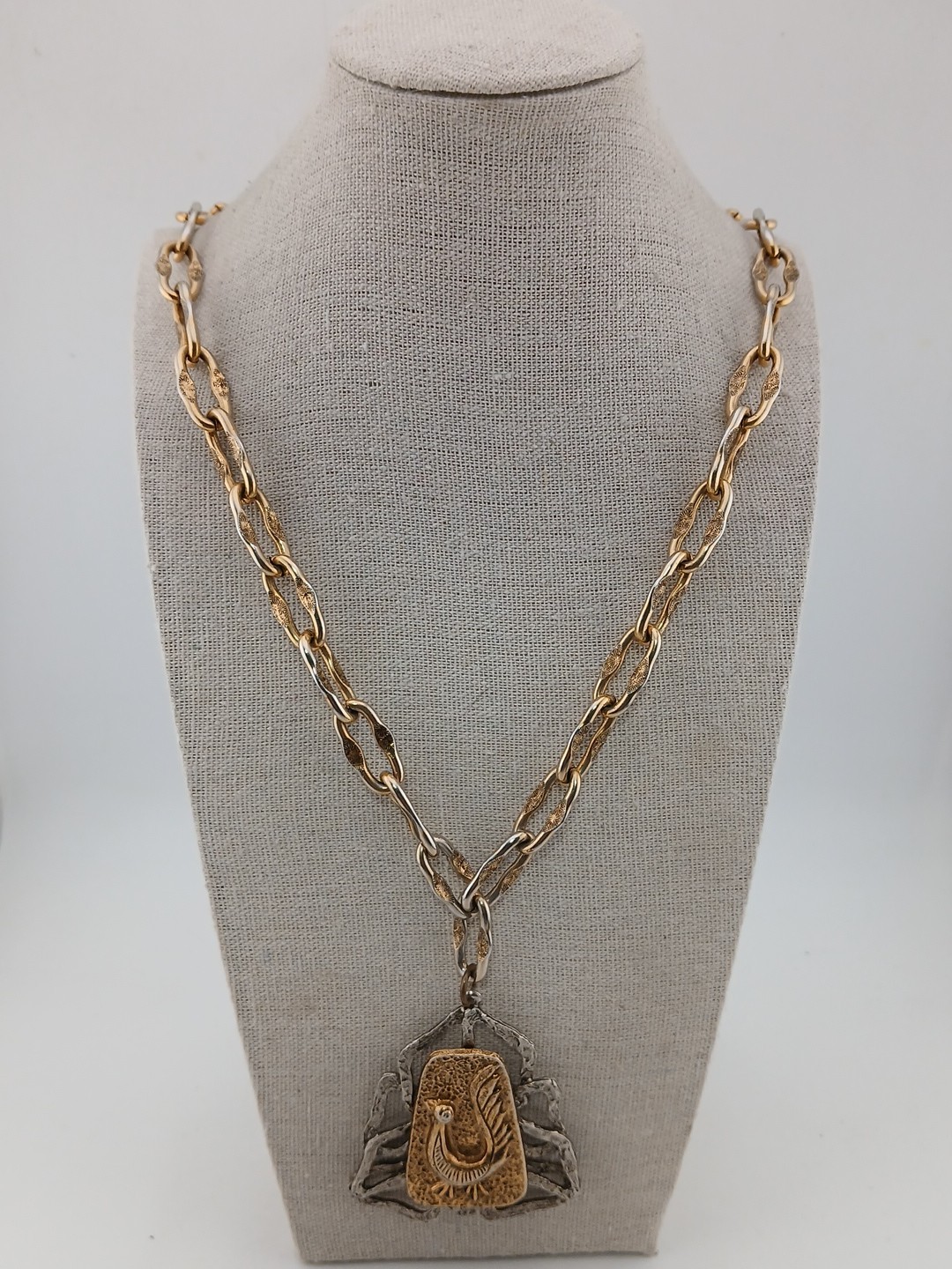 RARE SIGNED ART TWO TONE Brutalist hammered bird design pendant necklace
