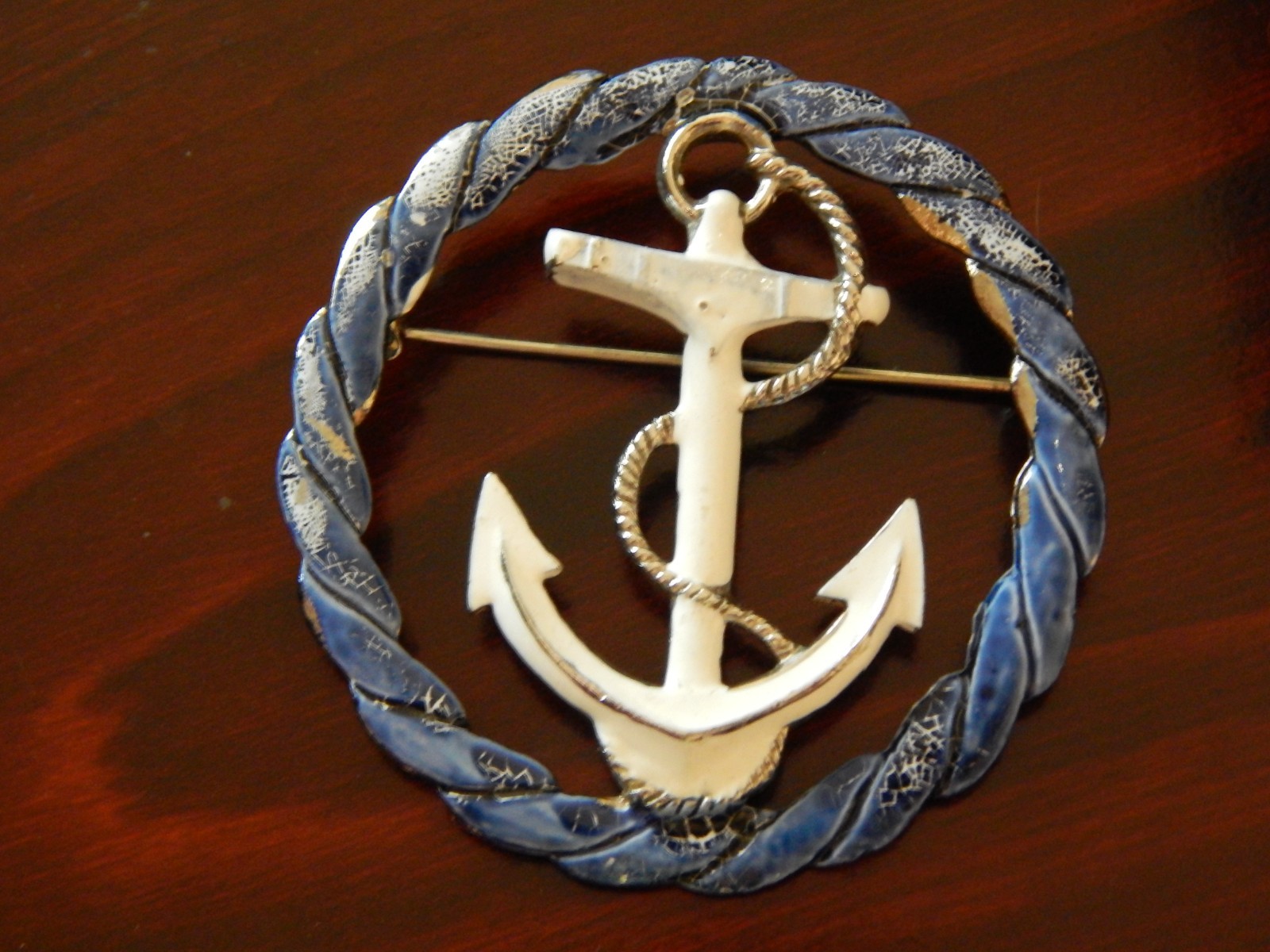 Vintage Coro Enamel Brooch: Blue & White Enamel, Anchor/Nautical