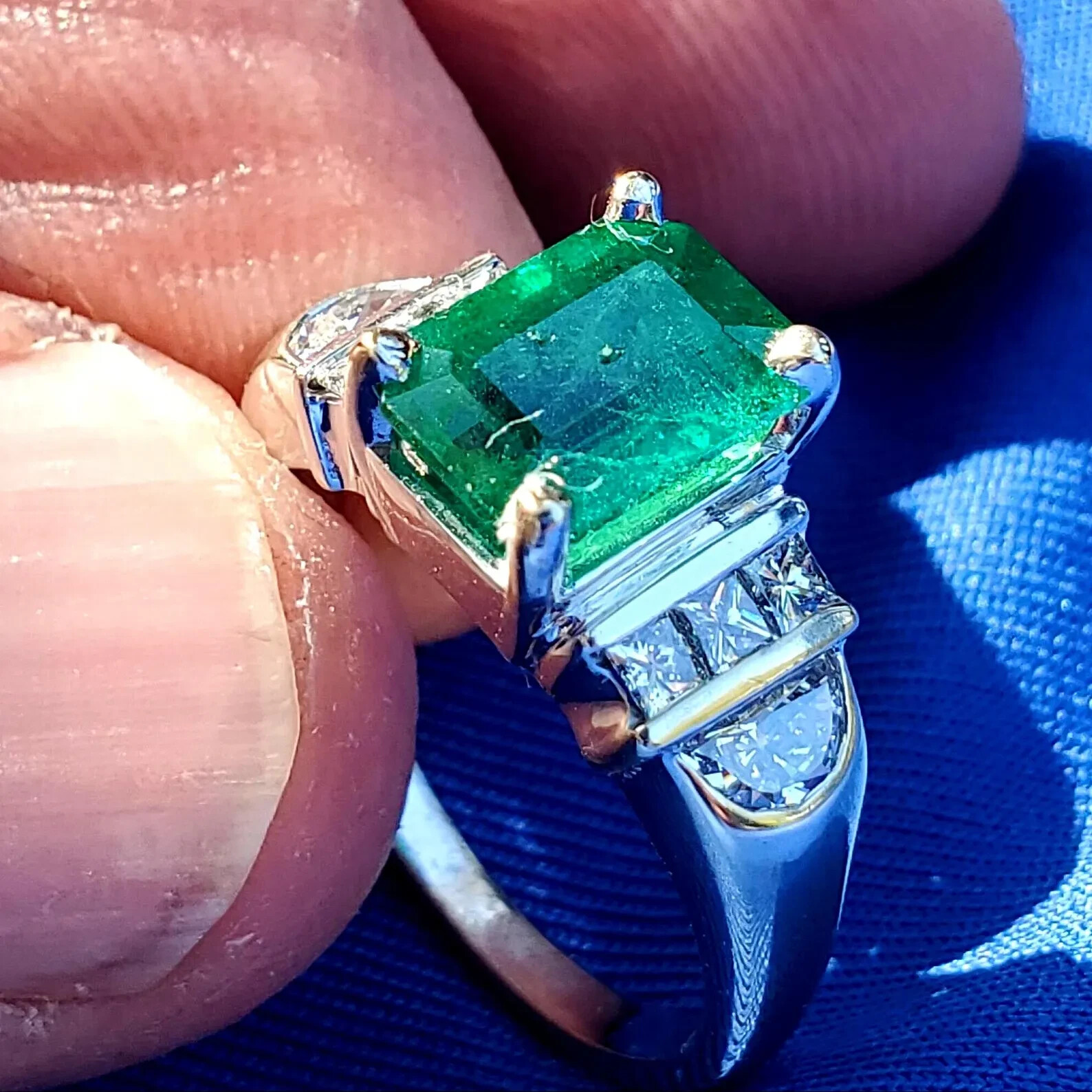 Original EARTH MINED EMERALD DIAMOND Deco Engagement Ring 14K GOLD Solitaire S 7