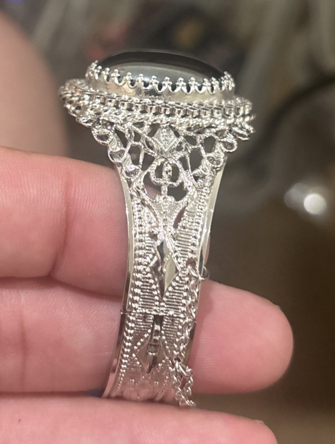 Vintage Whiting Davis Hematite Silver Tone Ornate Hinged Cuff Bracelet