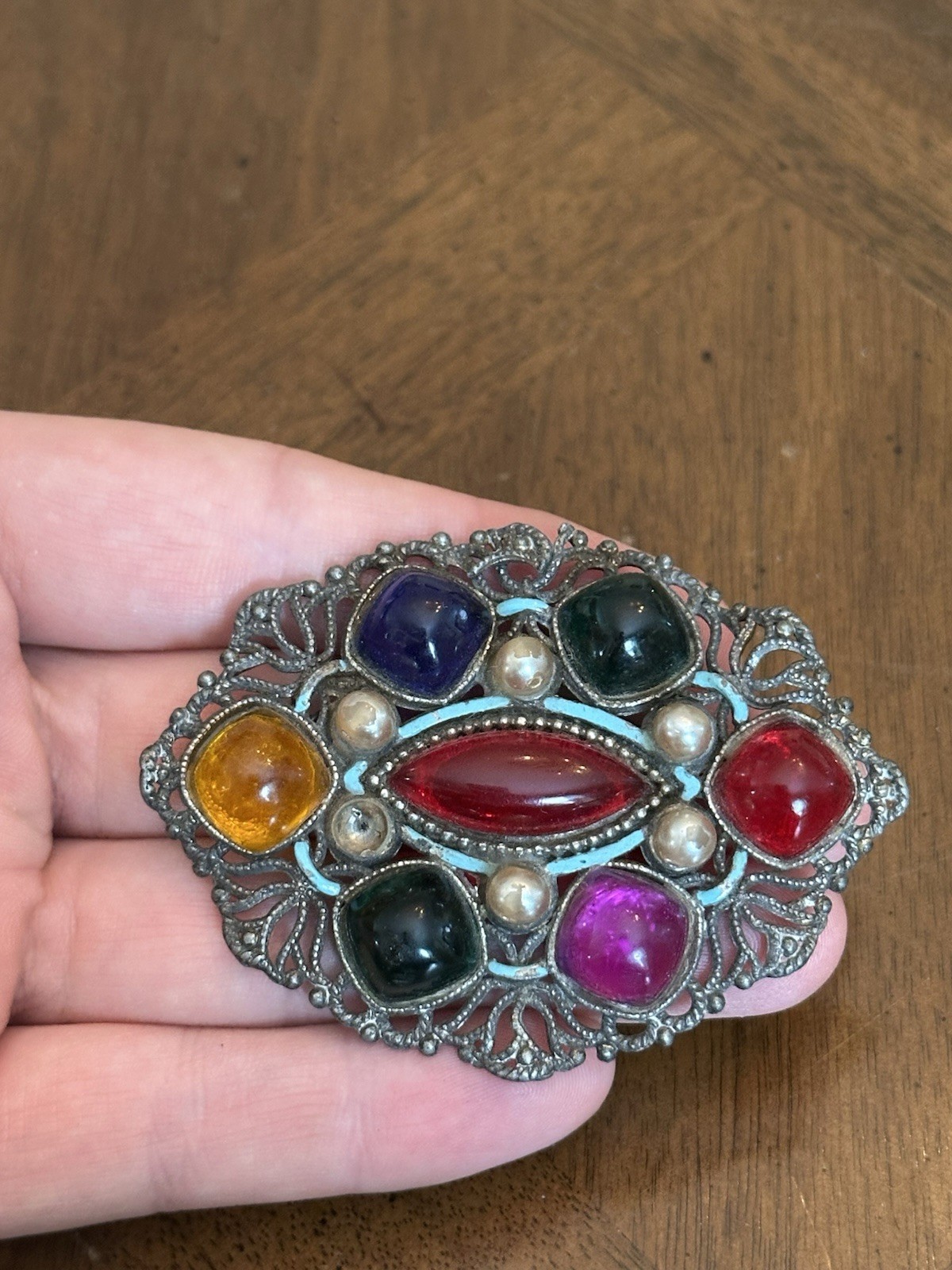 Vintage Czech? Multicolor Glass Cabochon Faux Pearl Brooch Pewter Tone Filigree!