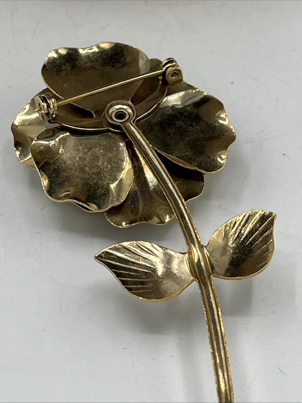 Vintage Bronze Color Tone Rose Bud Flower Stem Brooch Pin 3″ Vtg Textured