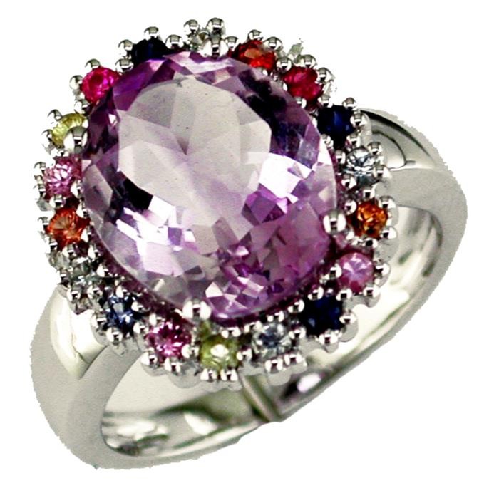 4.90CT AAA MUTLI COLOR SAPPHIRE & AAA AMETHYST 14KT WHITE GOLD OVAL & ROUND RING