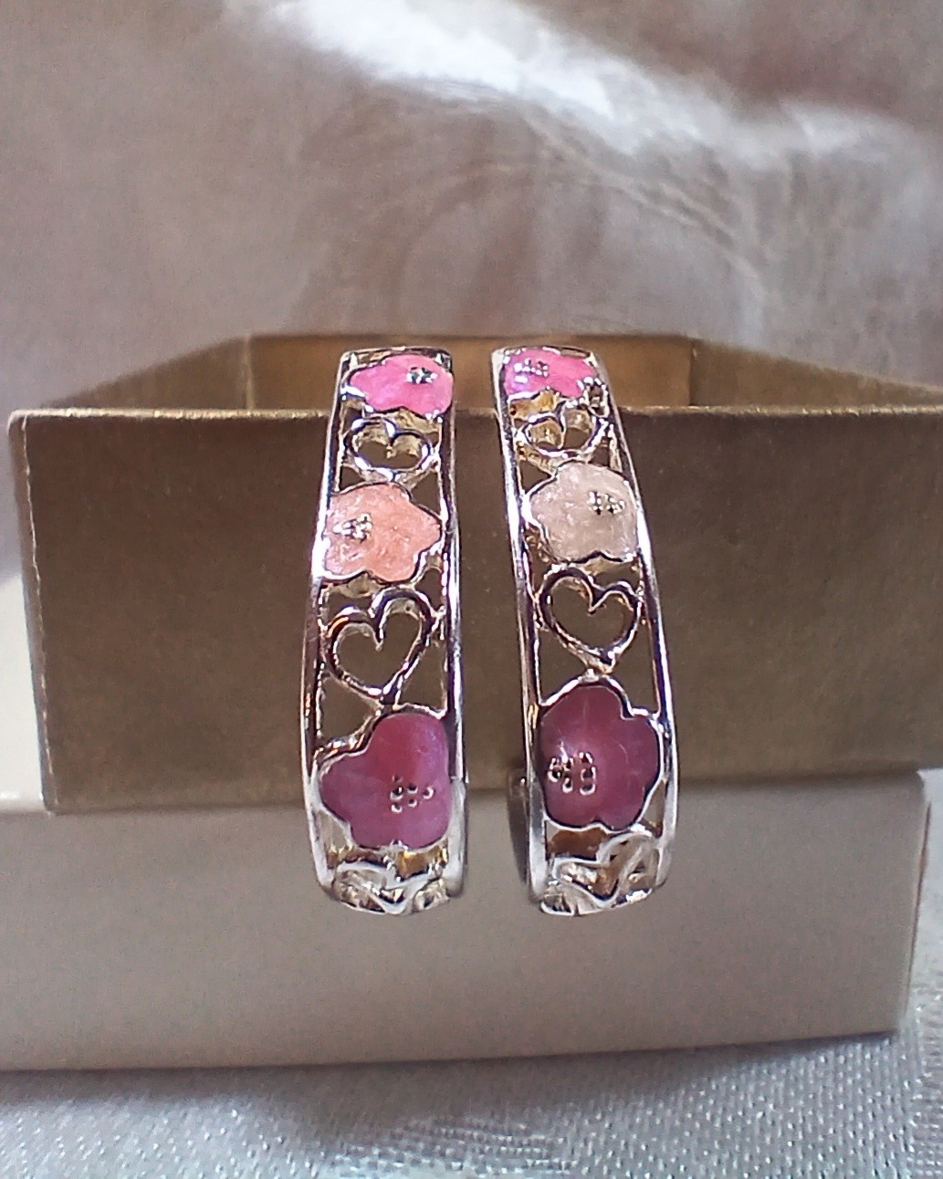 Vintage Avon Sterling Silver 925 Enamel Flower Heart Filligree J Hoop Earrings
