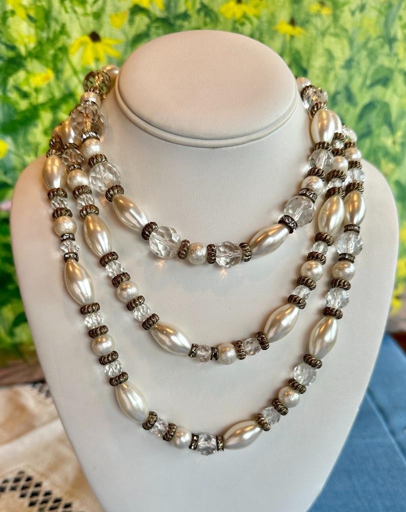 Vikki Carr Necklace Strass Faux Pearl Crystal Certificate Of Authenticity 54″