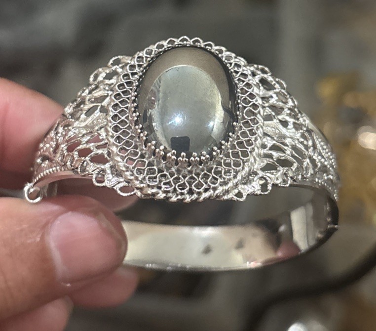 Vintage Whiting Davis Hematite Silver Tone Ornate Hinged Cuff Bracelet