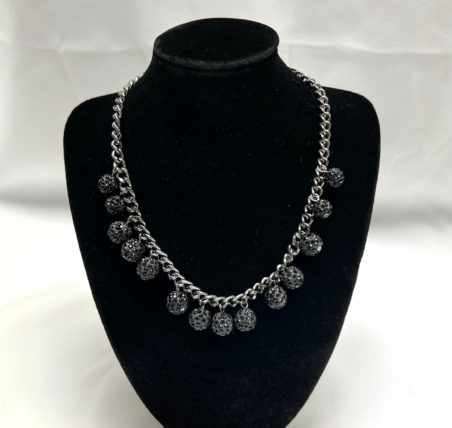 Black Beaded Pave Ball Necklace Gunmetal Chain Statement Collar Adjustable
