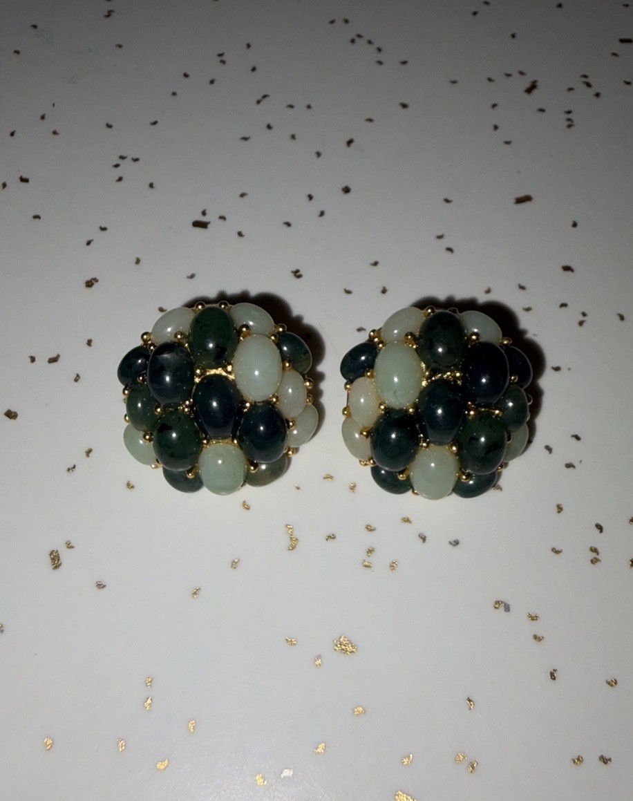 Vintage Joan Rivers Green Jade Beaded Cluster Stud Earrings, Gold Tone