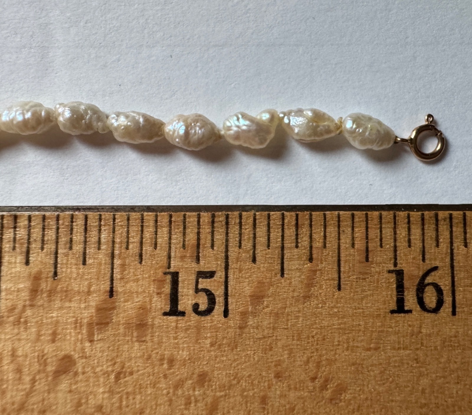 Vintage 1983 Baroque Freshwater Rice Pearl Single Strand Necklace 16” 14Kt Gold