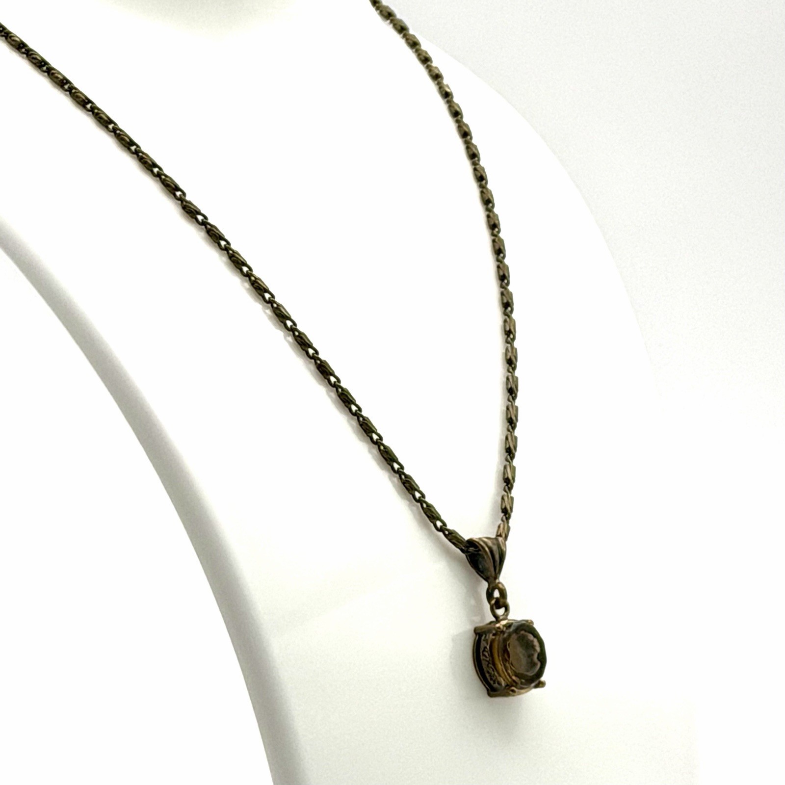 Extasia Signed EXT Vintage Style Bronze Fob Pendant Necklace Smoky Brown Glass
