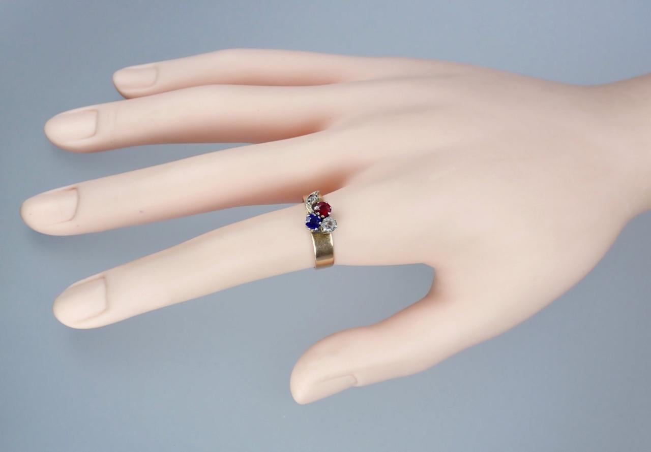 Charming Antique Victorian 14K Rose Gold Red White Blue Paste Floral Ring Size 8