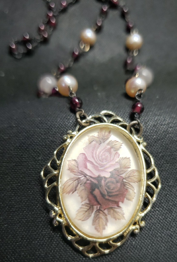 Sterling Silver Frosted Glass Floral Necklace Vintage Victorian Style