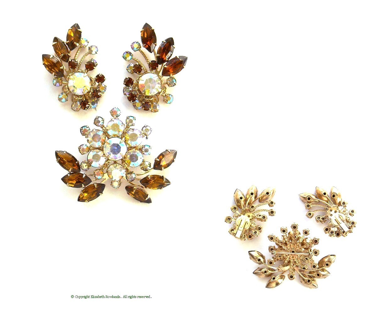 Glitzy Topaz & Aurora Borealis Set – sparkle + autumn tones, ca. 1960