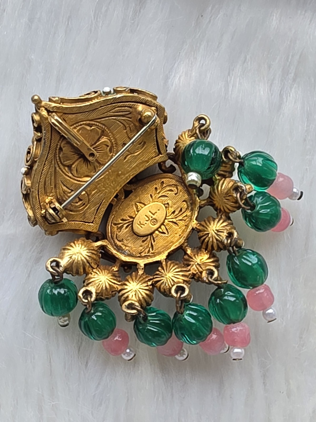 Vtg Signed KJL Jewels of India Mughal Crown Brooch Pendant Green Cabochon Rare