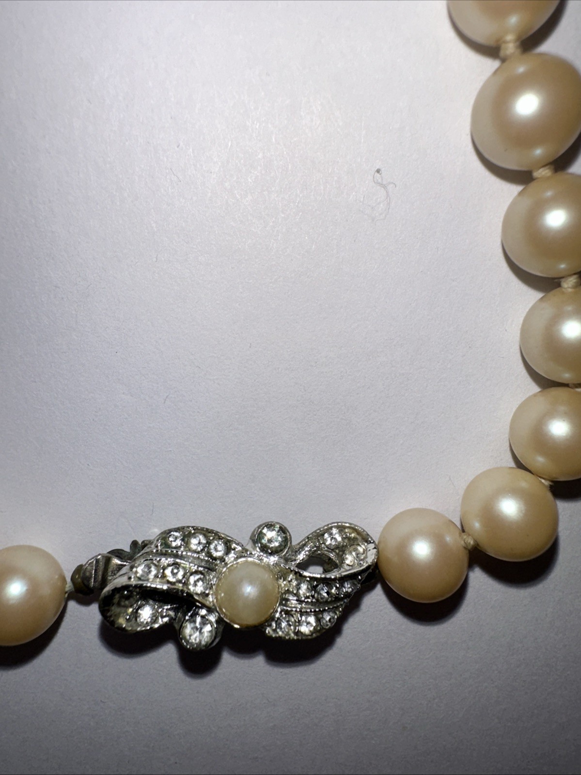 Faux Pearl Necklace Hand Knotted Cream Pearls 32″ Silver Tone & Diamanté Clasp