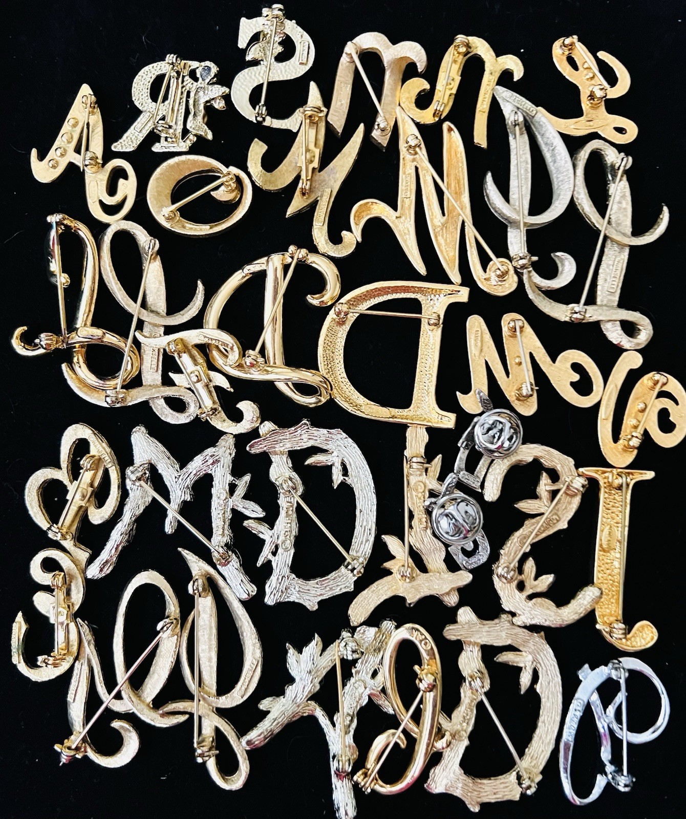 100 Vintage INITIAL Letter Brooch Pins Lot 35 Signed Trifari Sarah Anne Klein