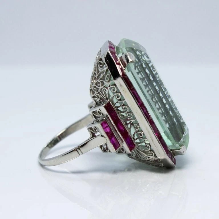 7Ct Vintage Art Deco Style Aquamarine & Ruby Anniversary 14K White Gold FN Ring