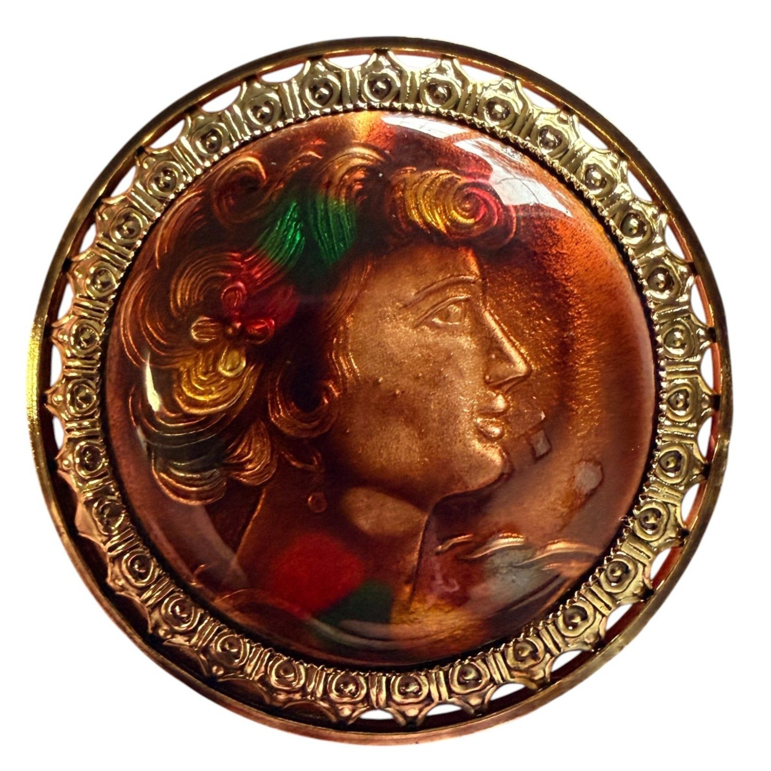Vintage 1950s Reverse Carved Lucite Renaissance Lady Brooch New Old Stock