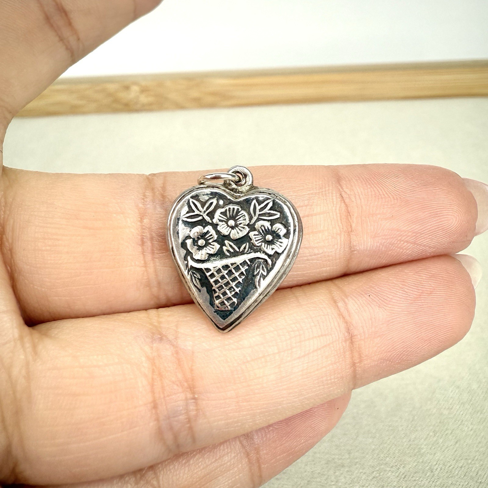 Vintage Flower Bouquet Puffy Heart Charm 925 Sterling Silver 1940s Basket Floral