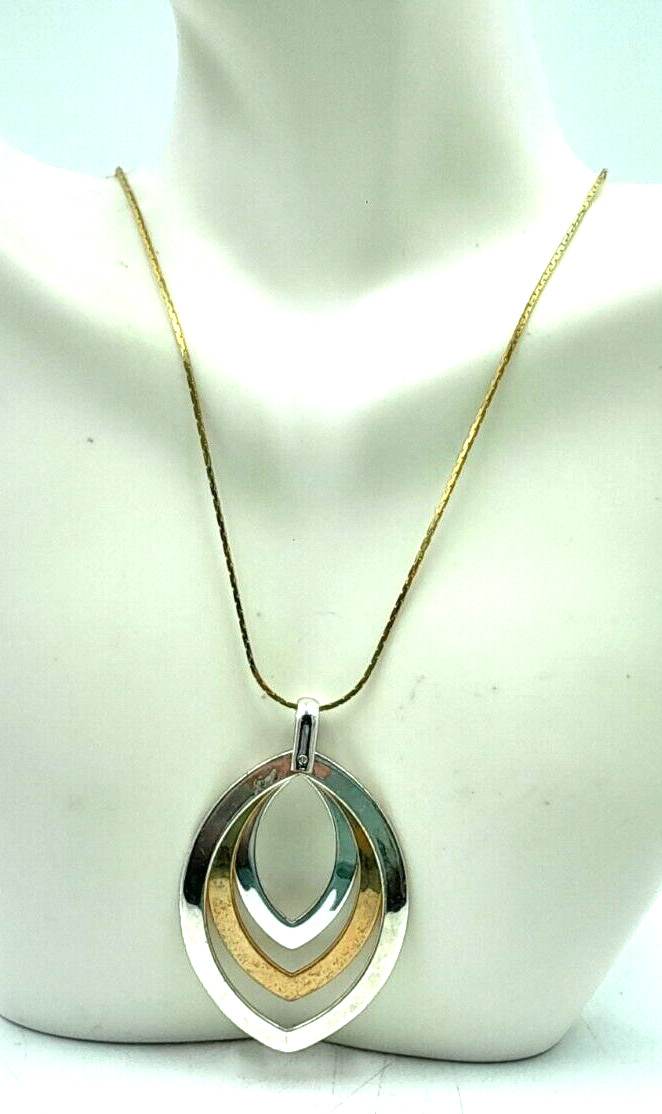 VTG BEST 2″ Silver & Gold Tone Dangle Pendant w/ 16″ Gold Tone Chain Necklace