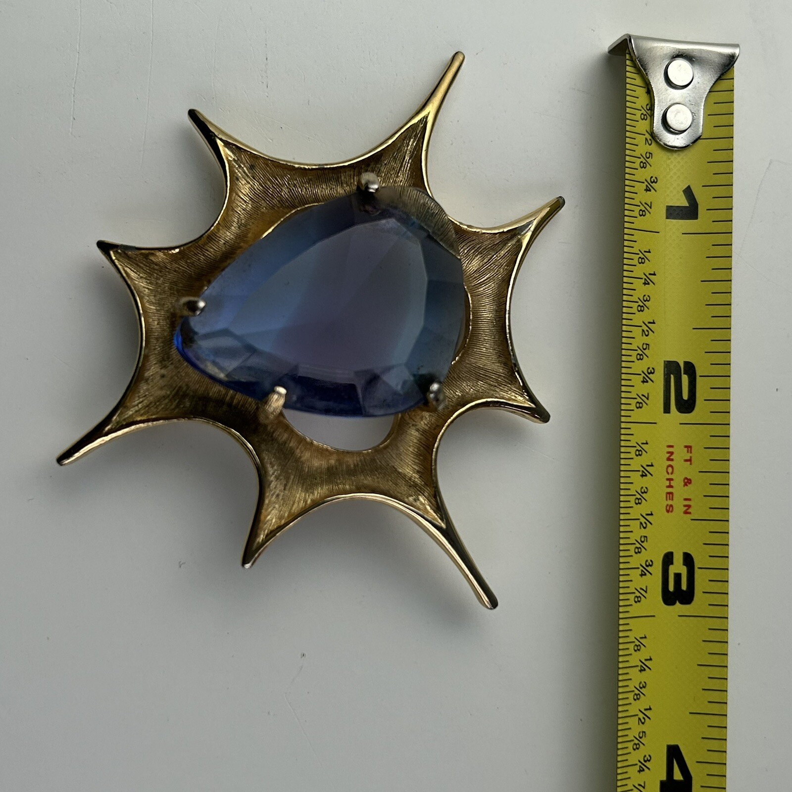 Atomic Blast Brooch Pin Signed BSK Gold Tone Blue Stone Starburst Vintage MCM