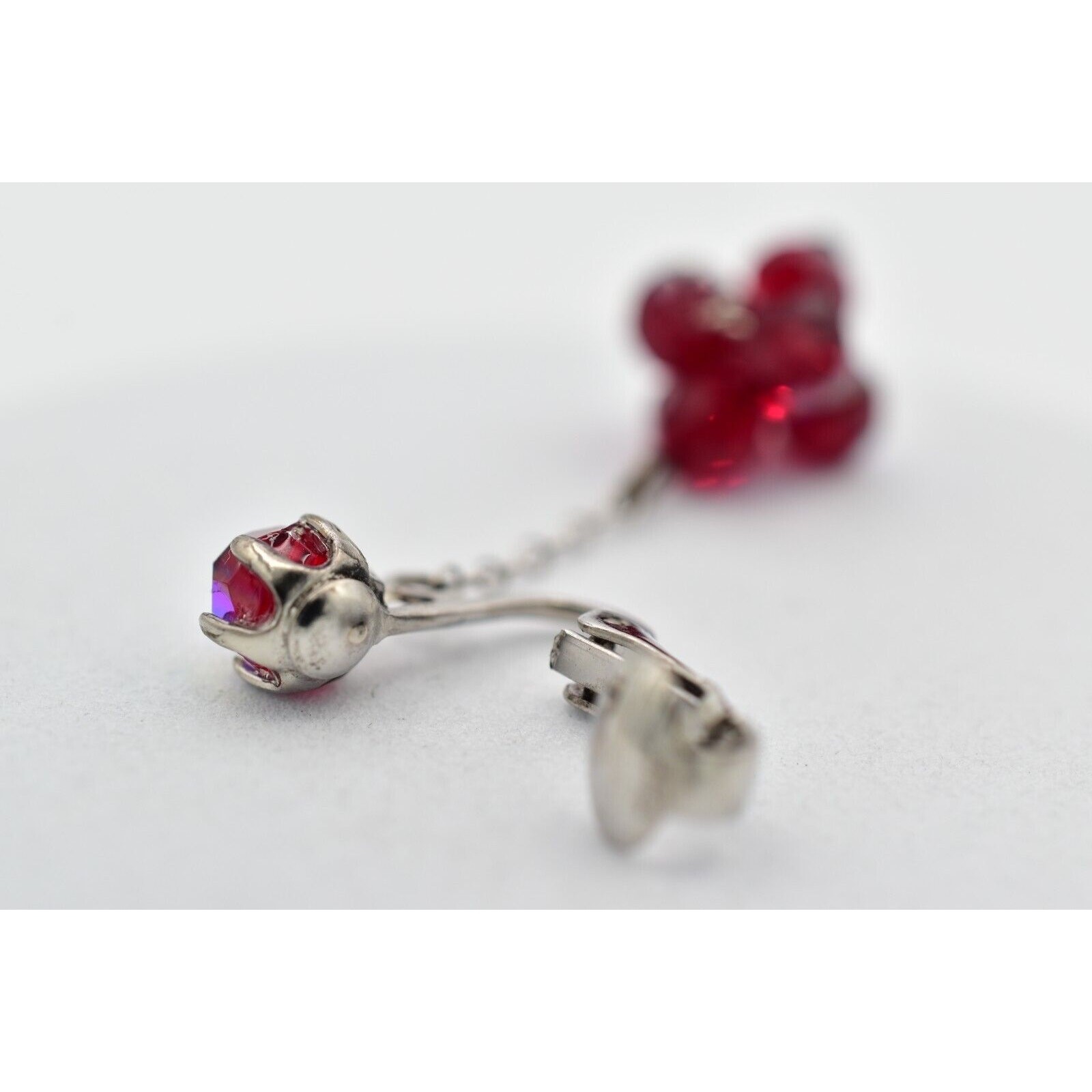Vintage Red AB Crystal Clip On Earrings Dangle Drop Aurora Borealis 1950s A24