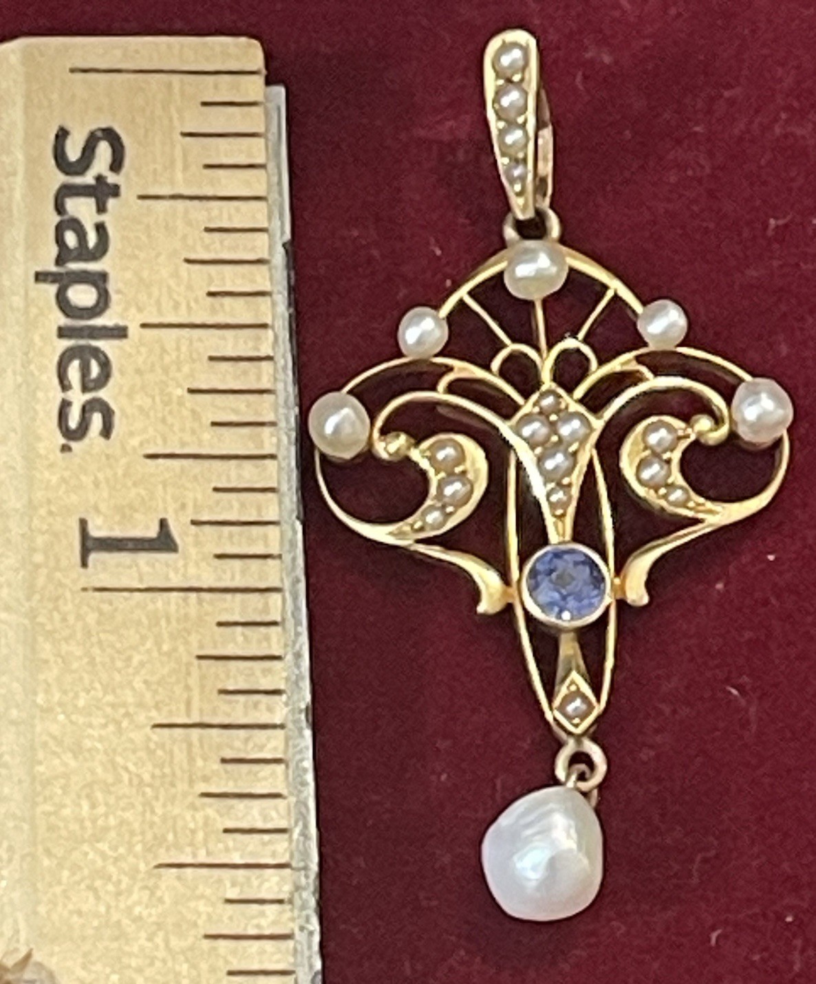 Antique Krementz 14k Gold Sapphire & Pearl Pendant C1900 Rare Find