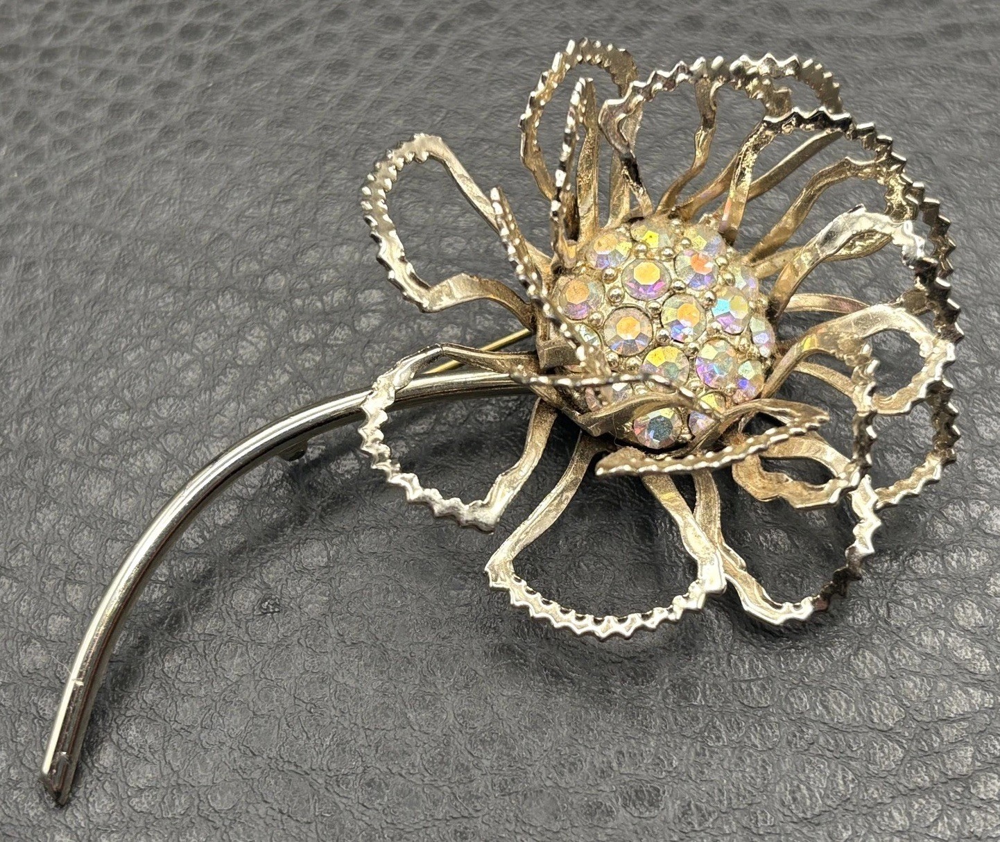 Sarah Coventry Vintage Gold Tone Aurora Borealis AB Rhinestone Flower Brooch Pin