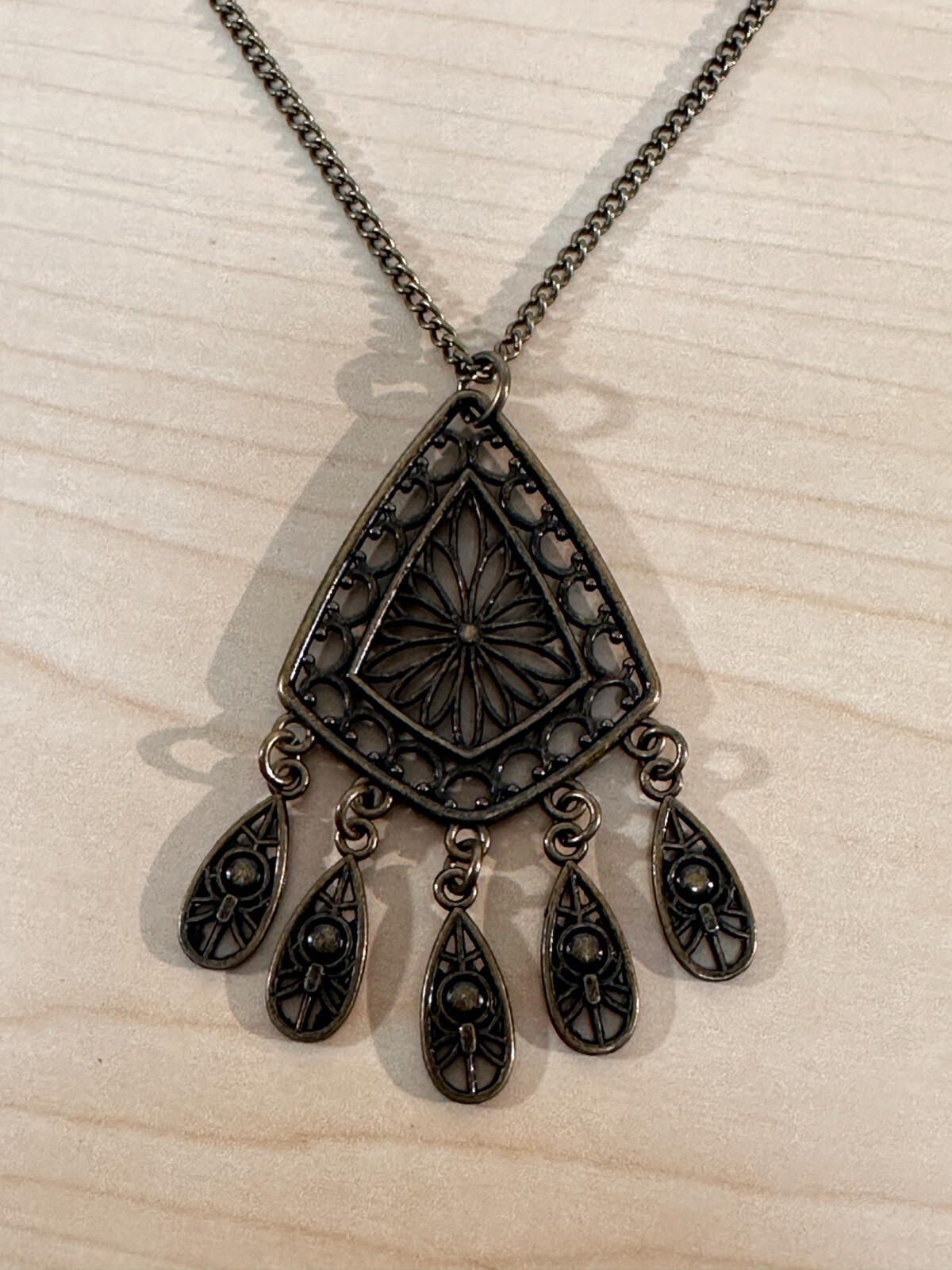 Vintage Bronze Color BOHO Tribal Dangle Pendant Necklace 14 inches