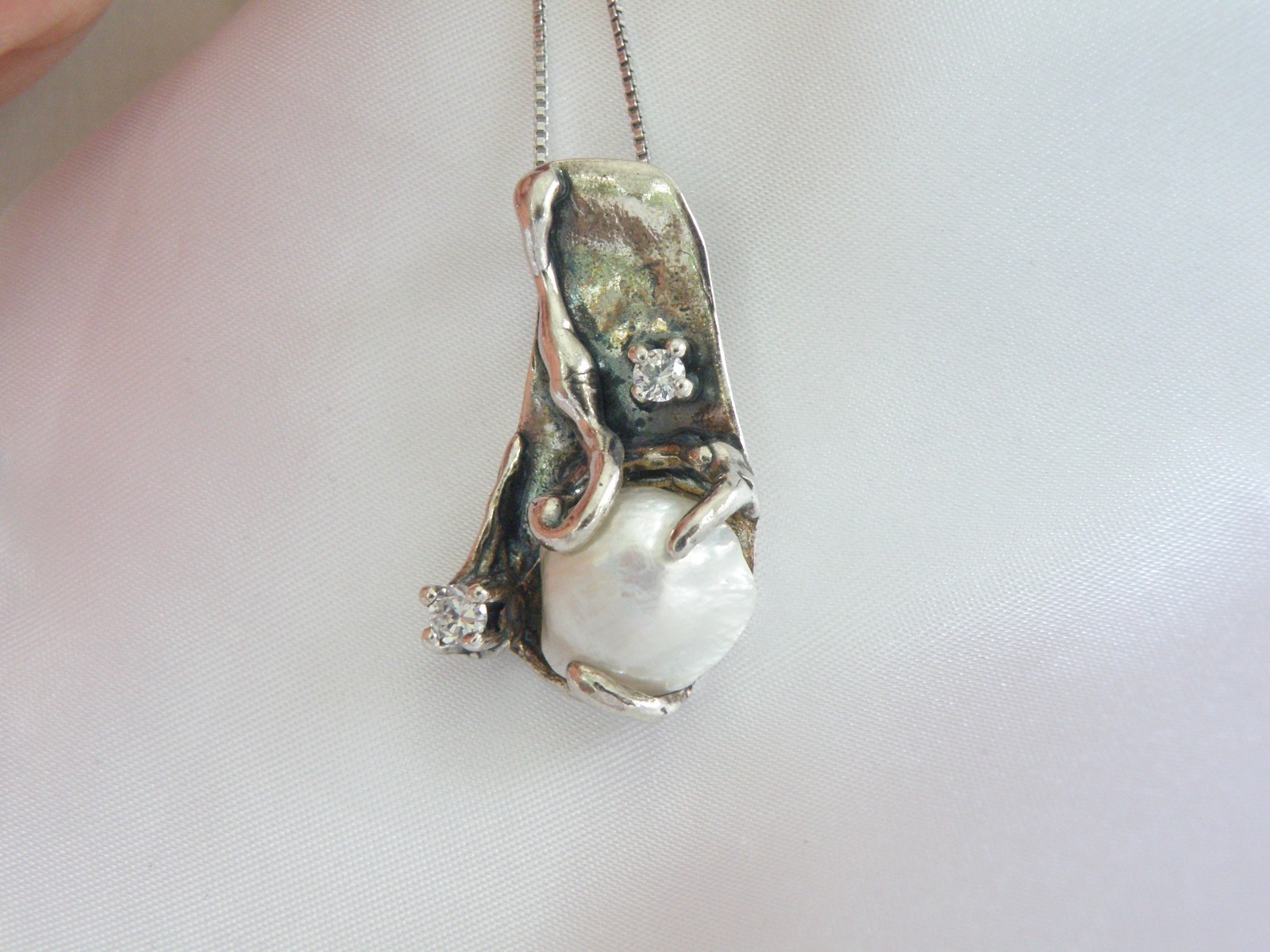 Brutalist Sterling Silver 925 Baroque Pearl Modernist Pendant Necklace