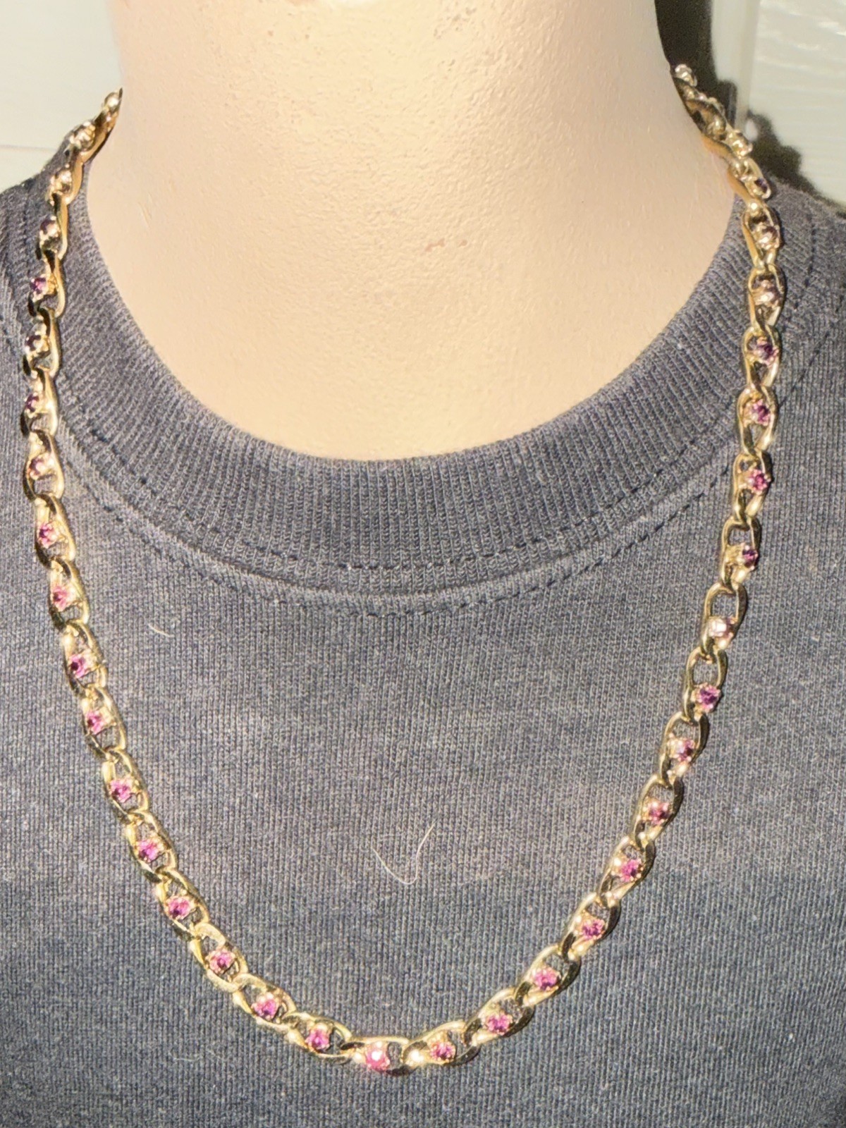 Vintage Givenchy Cuban Link Necklace Inlaid W/ A Dark Purple Stone Between Links