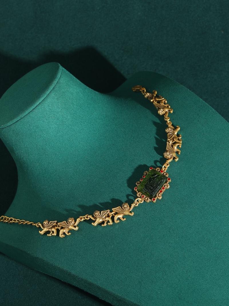 Vintage Green Glass Bracelet Charm Lion Woman Gold Plated Luxury Designe Jewelry