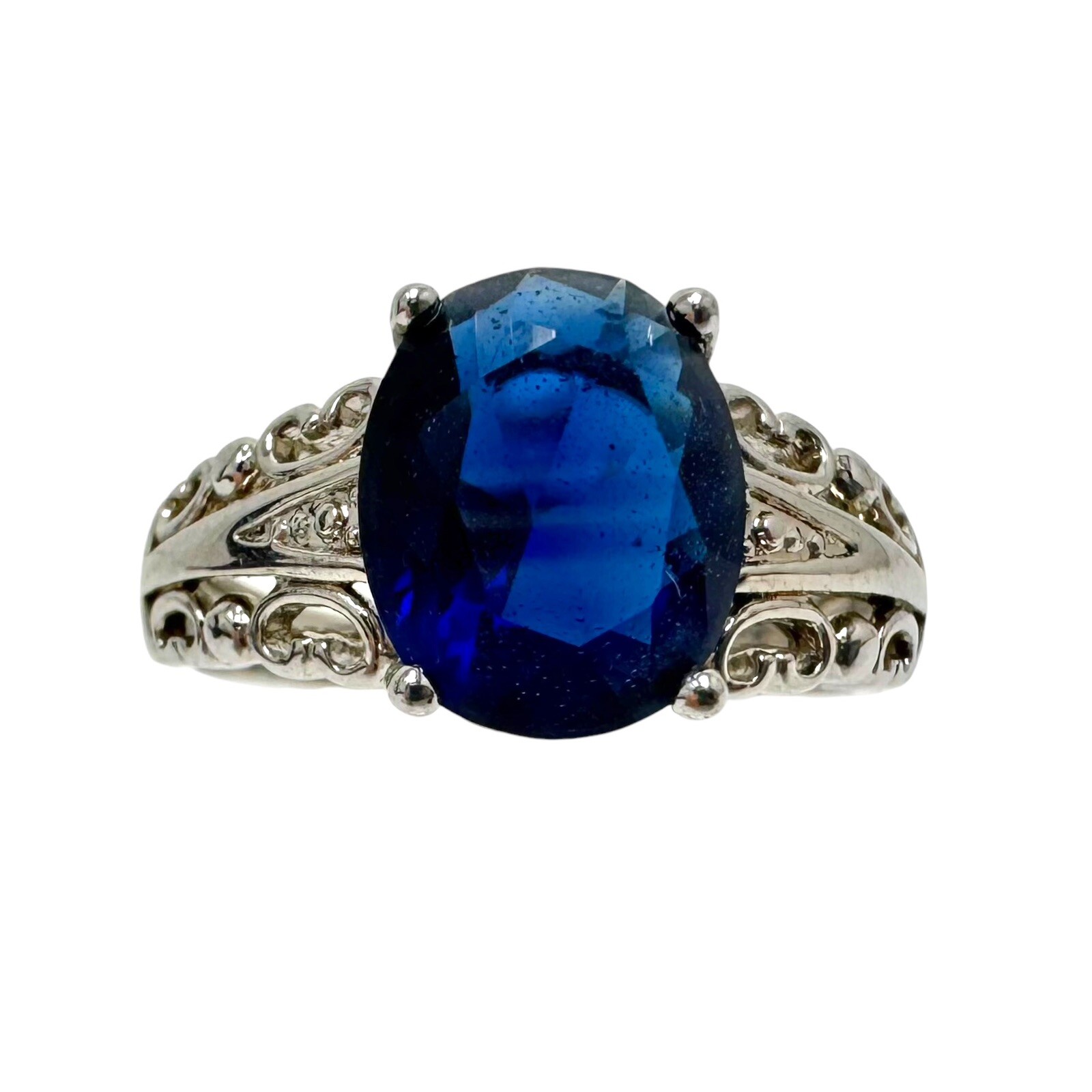 Vintage Silver Tone Blue Oval Glass Solitaire Cocktail Ring 7.25