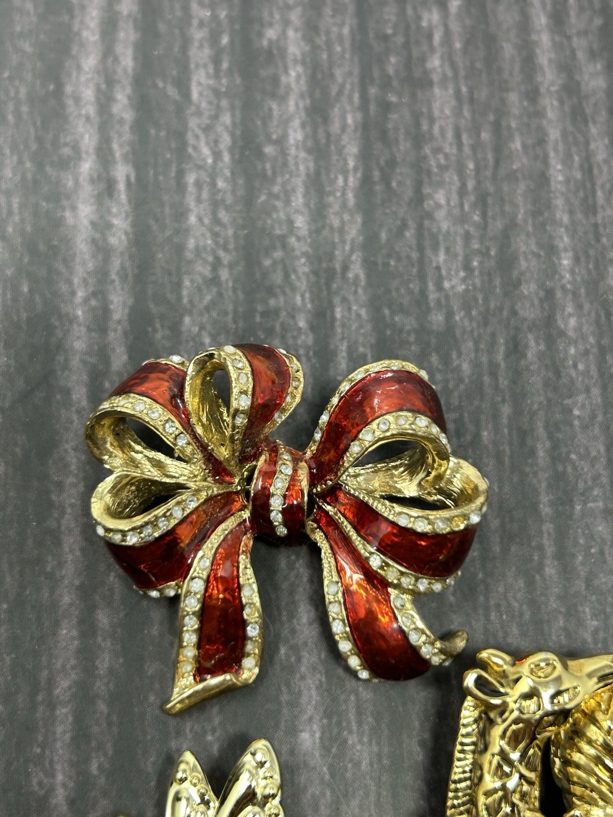 Vintage Gold Tone Brooch Lot Fairy Animals Red Bow Rhinestone Pins Costume