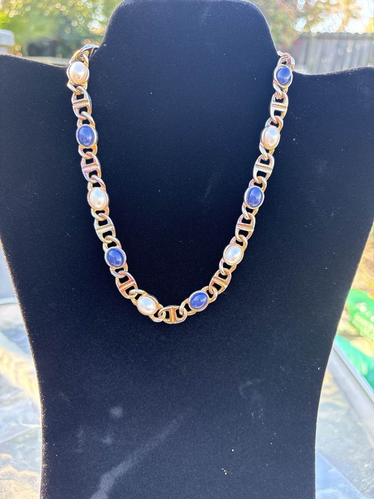 Vintage Gold Tone Blue Cabochon Faux Pearl Link Necklace Statement Chain