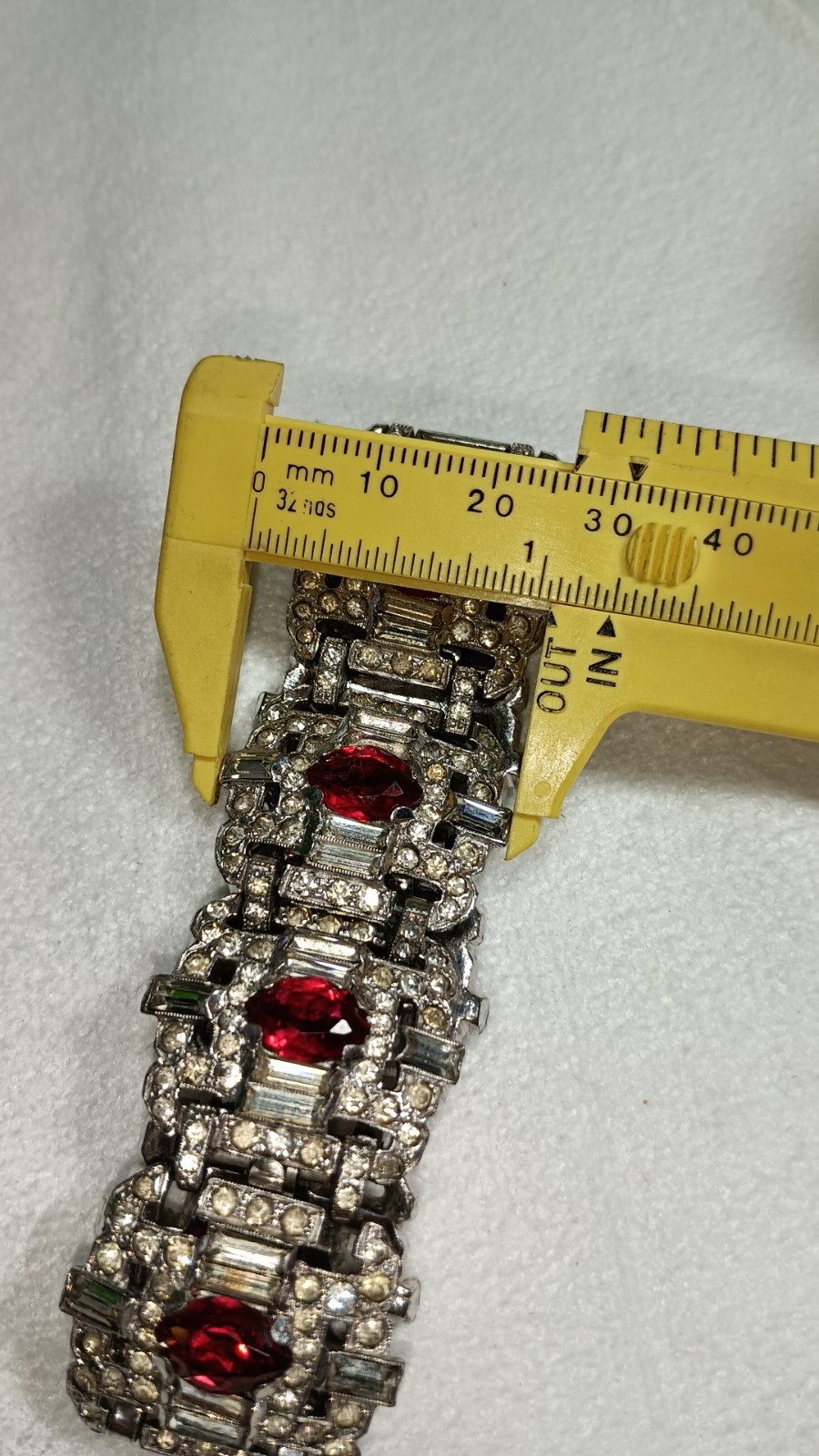 Art Deco Trifari Unsigned KTF Silver Tone Clear And Ruby Red Panel Bracelet 7 In